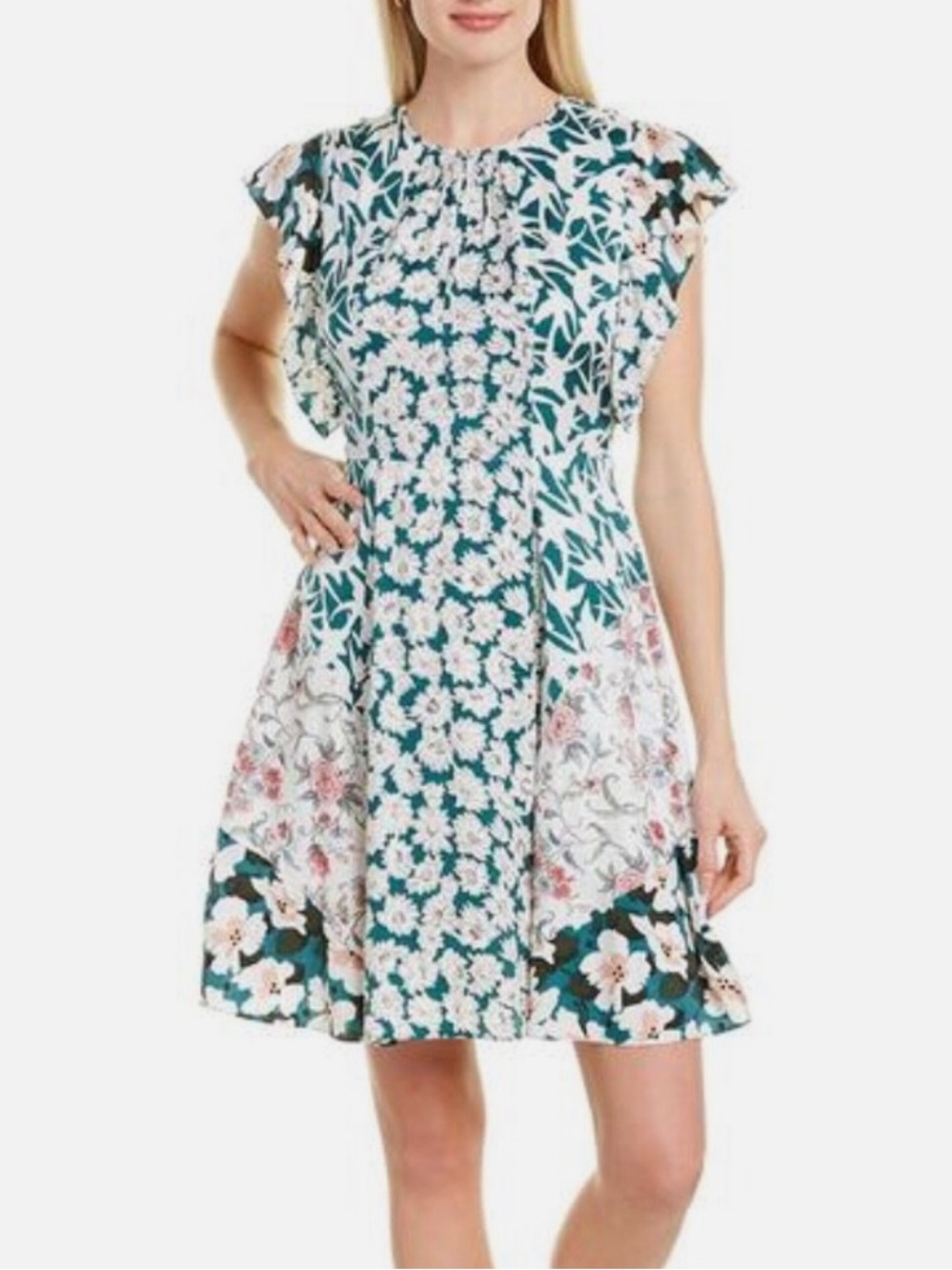 Rebecca Taylor Silk Blend Serene Mixed Floral Print Dress Size 8 Green White